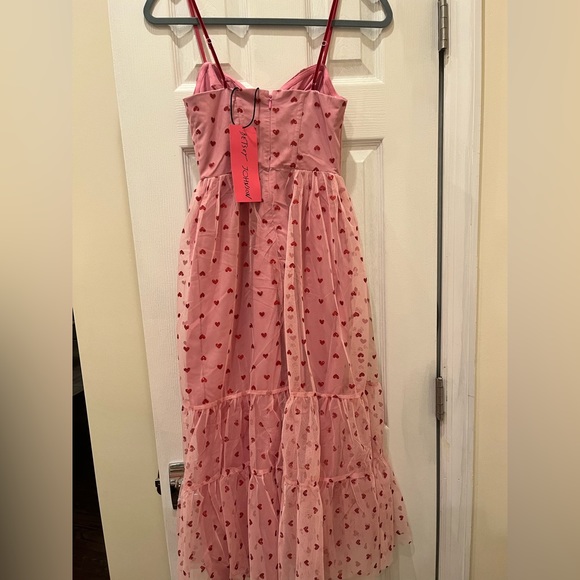 Betsey Johnson Sequin-Heart Bustier Dress. Metallic Heart Print Mesh Midi Dress - Picture 4 of 7